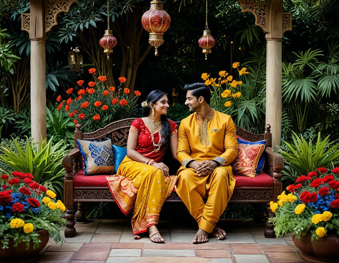 A warm and inviting scene depicting a couple sitting together in a lush Indian garden, surrounded by vibrant flowers and traditional decor. Include a softly lit lantern casting a golden glow, symbolizing intimacy and romance. In the background, incorporate elements of Indian culture, like a colorful tapestry or carved wooden furniture. The couple should be engaged in a loving conversation, with gentle expressions that convey trust and connection. super-realistic. vibrant colors. romantic atmosphere.