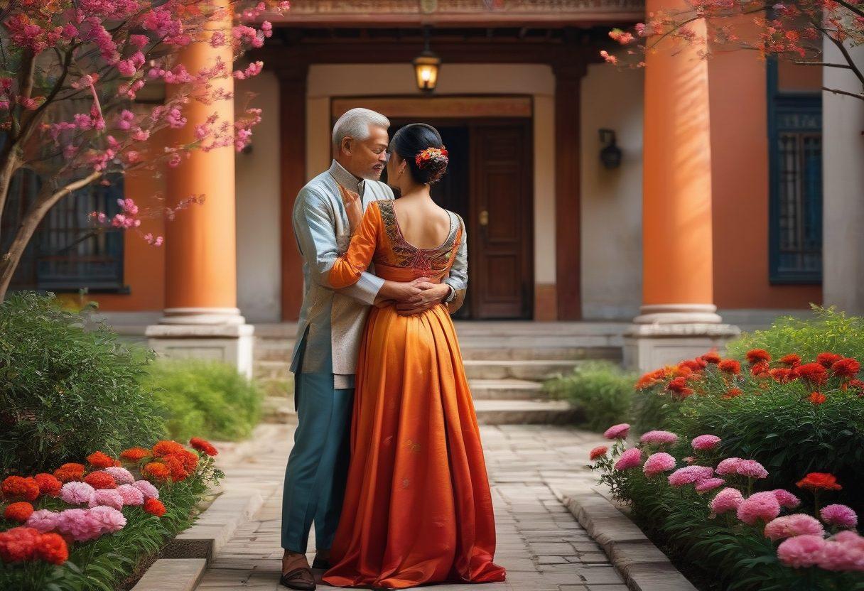 A beautiful fusion of traditional and modern elements, showcasing a couple from different generations, one dressed in vibrant traditional attire and the other in contemporary fashion. They are in a candid moment, surrounded by symbols of intimacy like flowers and warm light. The background features a blend of ancient architecture with modern cityscape elements, representing the transition from tradition to modernity. Emphasize warmth, connection, and cultural richness. super-realistic. vibrant colors.